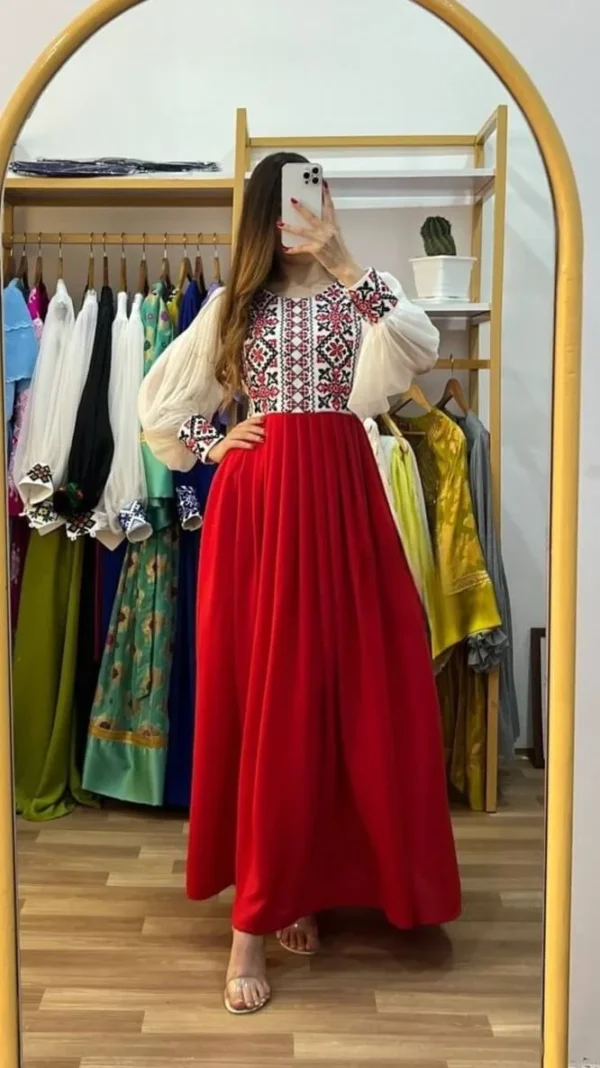 Cherry Georgett and Embroidery Work Party Gown