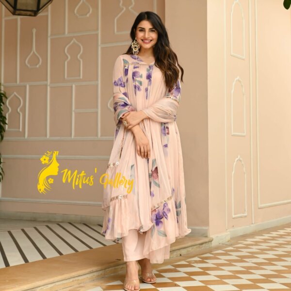 O!Baarish Peach Digitally Floral Printed short Sarara Suit