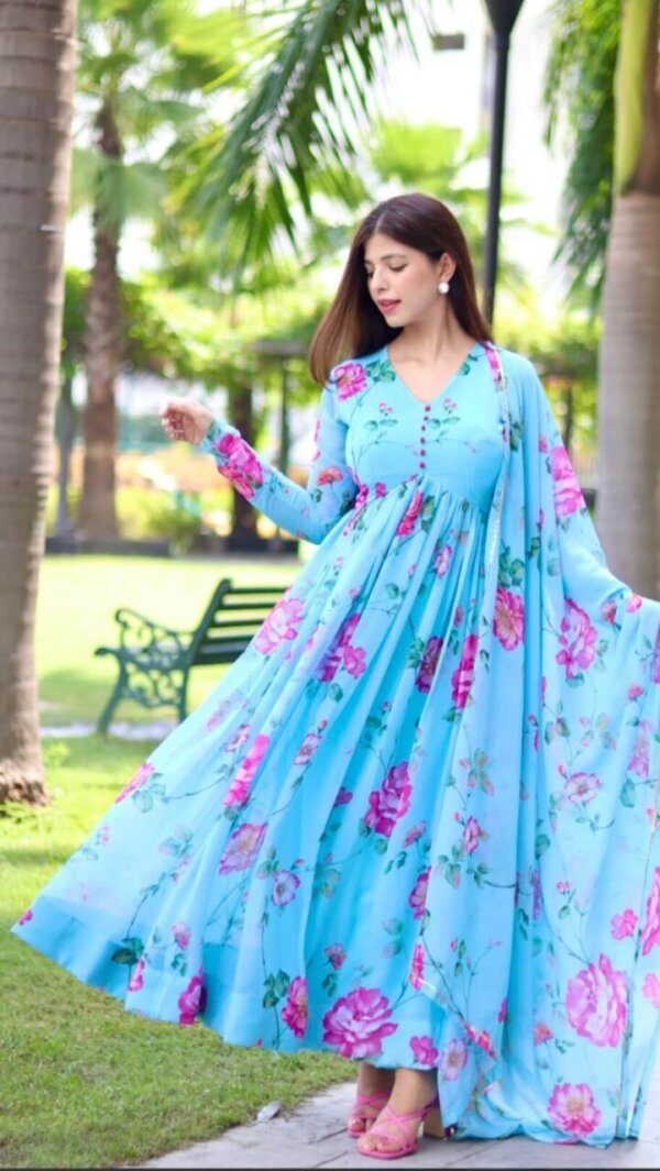 O!Beauty Queen Sky blue Digitally Floral Printed Anarkali Suit