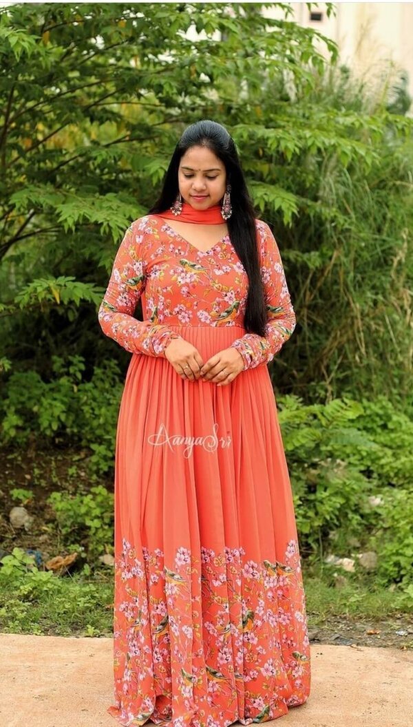 X!Beauty Queen Orange Digitally Floral Printed Anarkali Suit